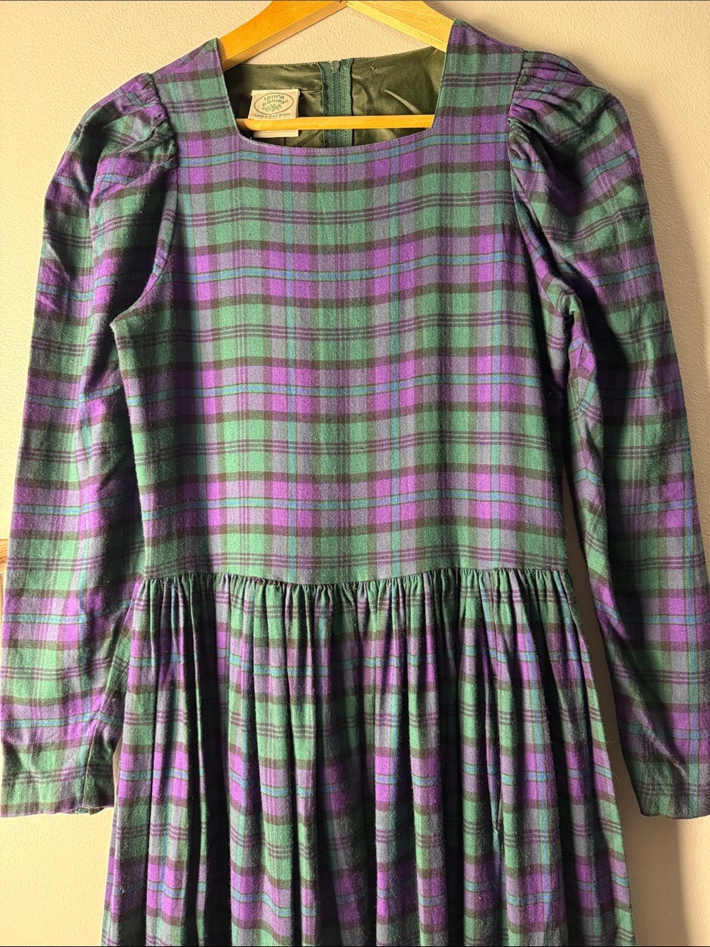 Vintage Laura Ashley Green & Purple Plaid Long-Sleeve Maxi Dress. Early 80s - Picture 3 of 10